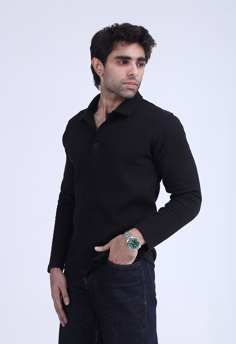 Waffle Knit Polo Black