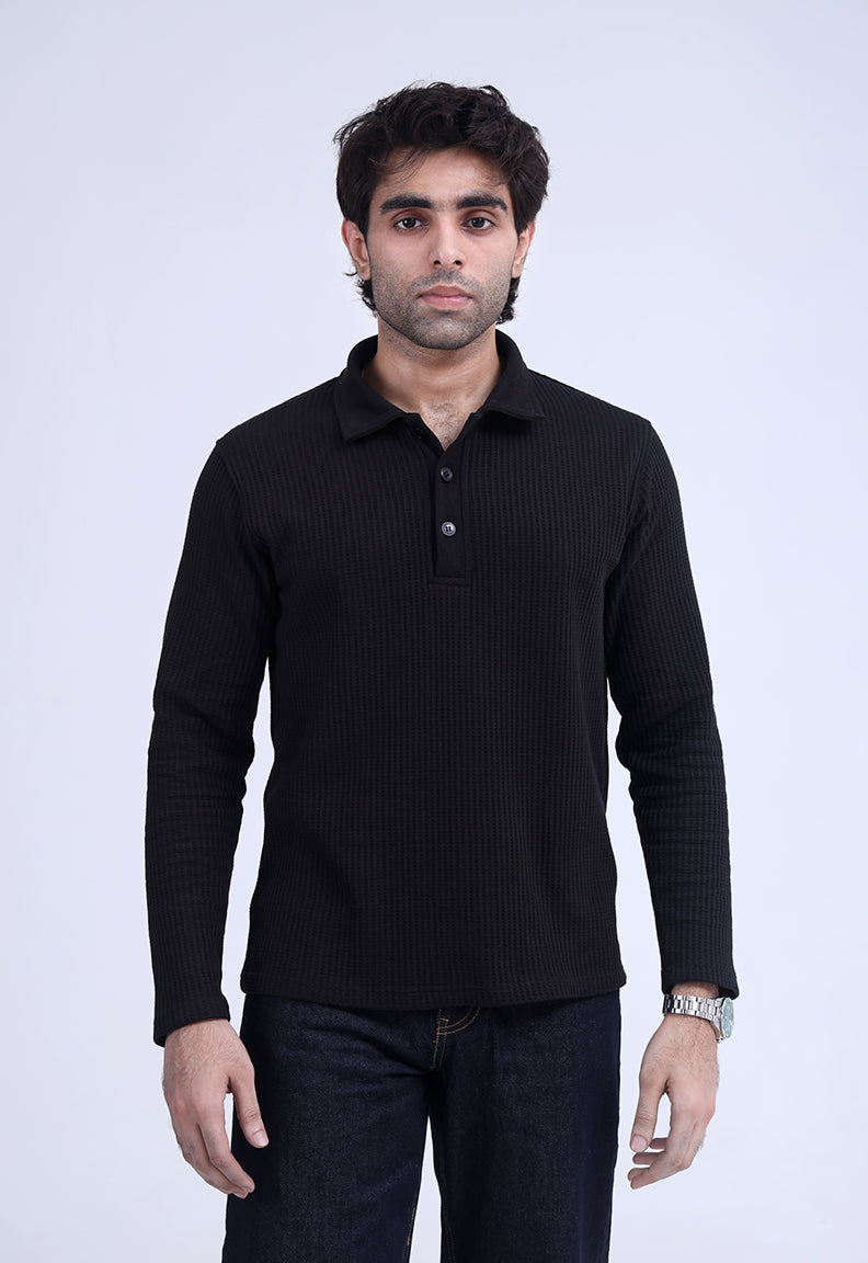 Waffle Knit Polo Black