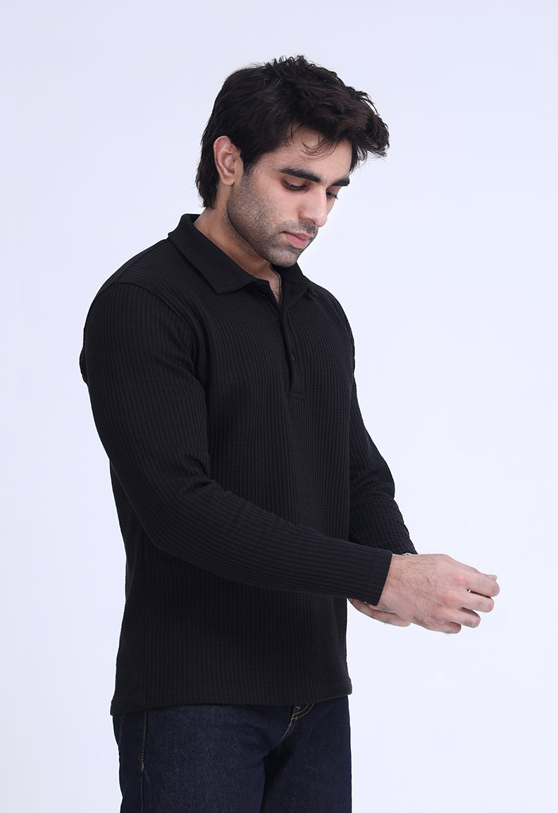 Waffle Knit Polo Black