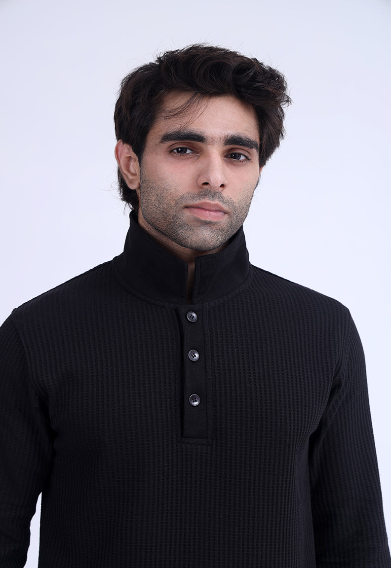 Waffle Knit Polo Black