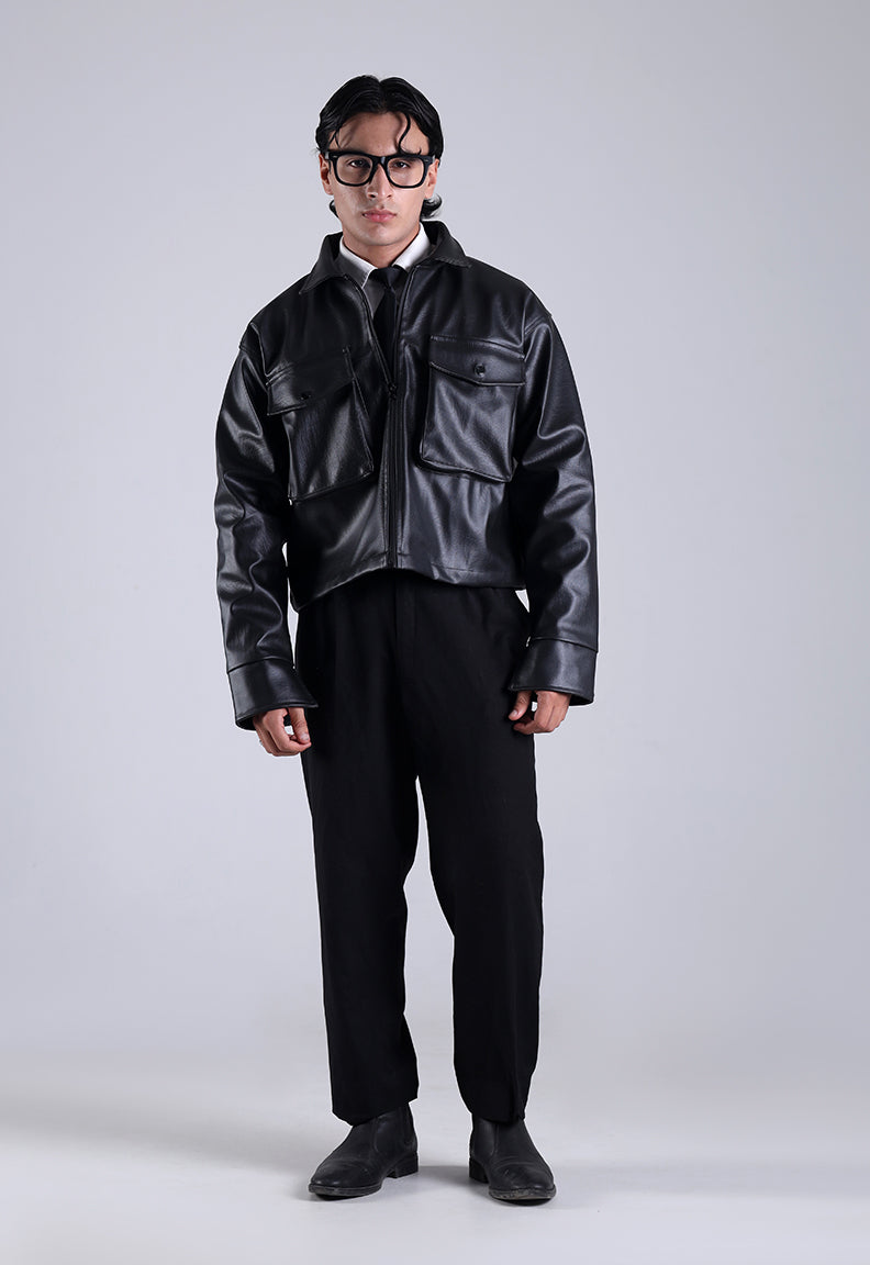 Classic Cropped Leather Jacket - Black