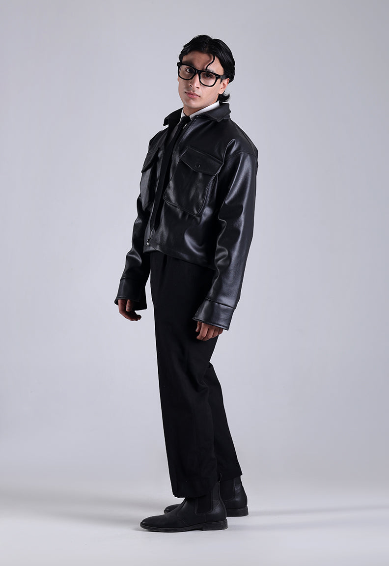 Classic Cropped Leather Jacket - Black