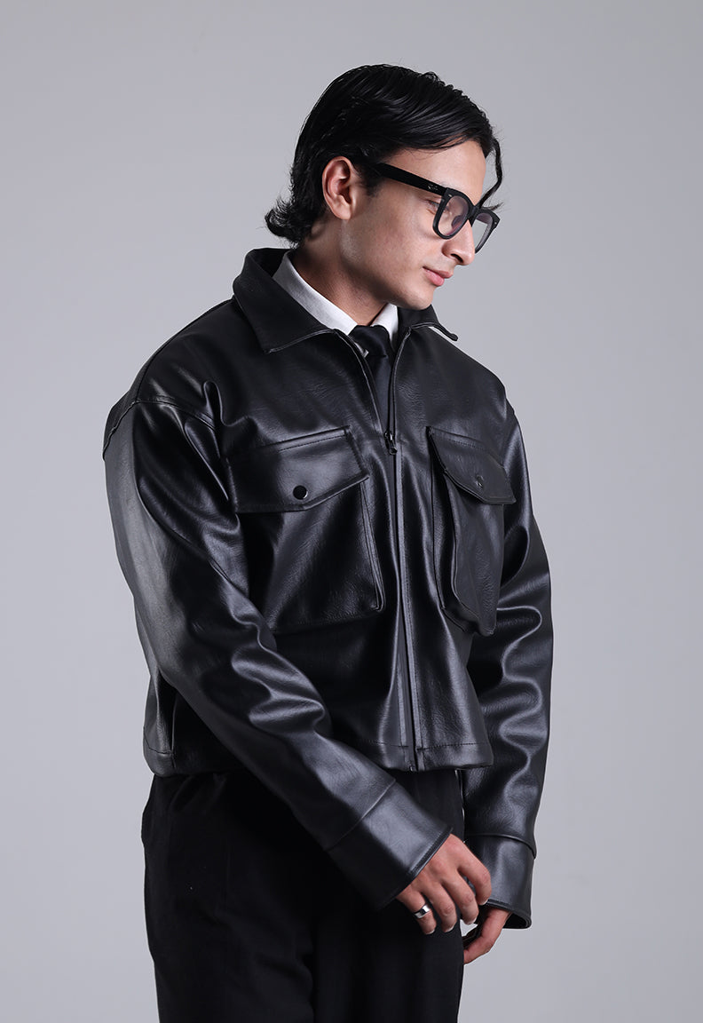 Classic Cropped Leather Jacket - Black