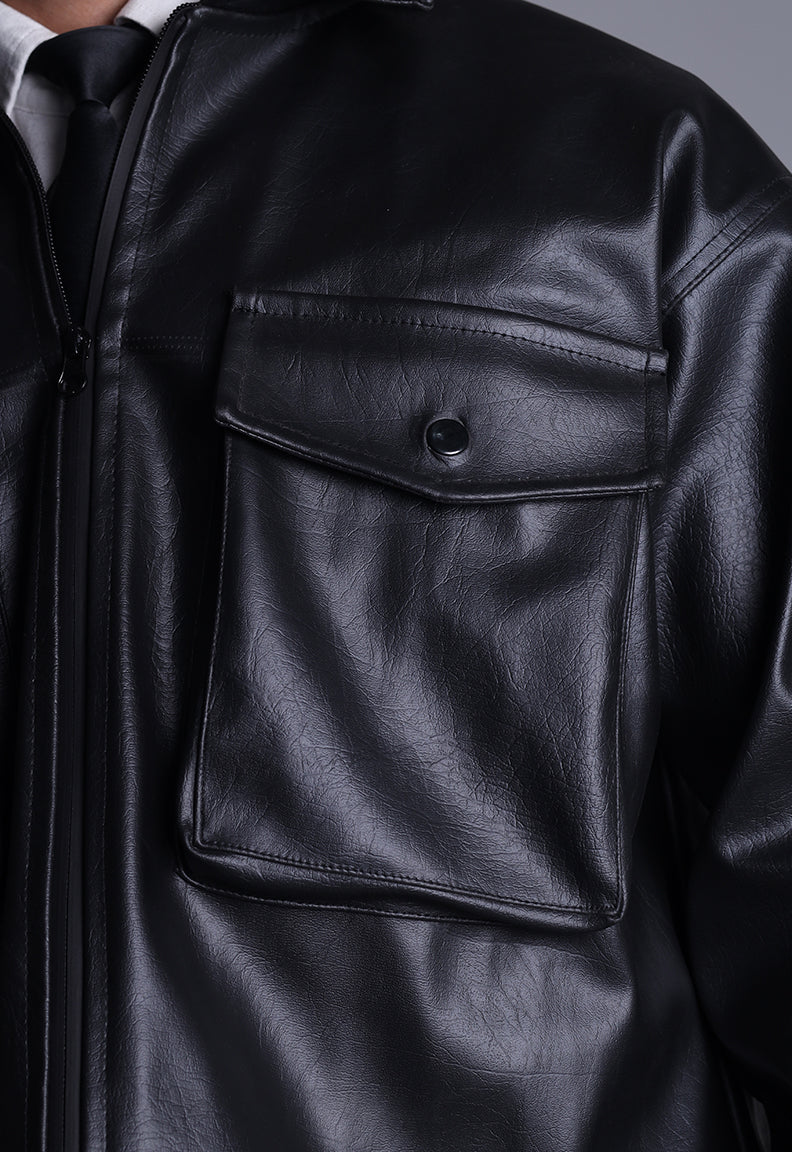 Classic Cropped Leather Jacket - Black