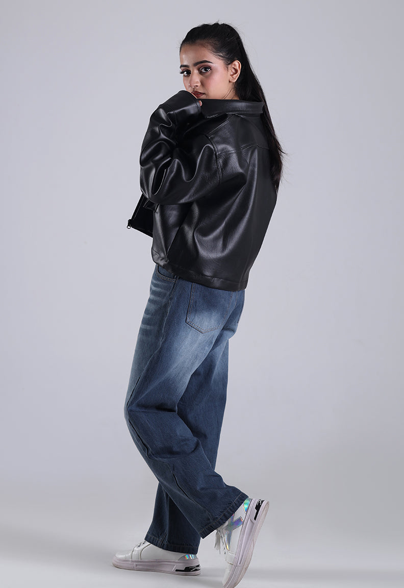 Classic Cropped Leather Jacket - Black