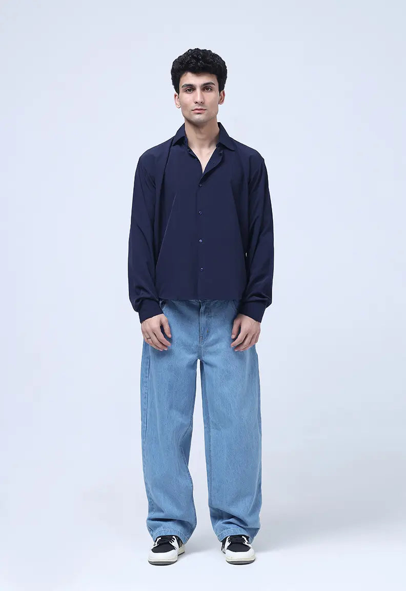 Cropped Check Shirt - Dark Blue