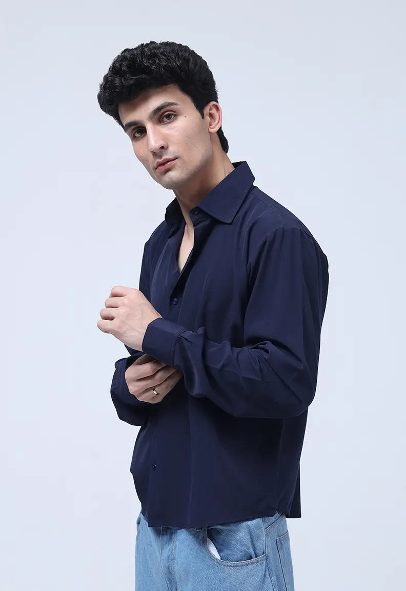 Cropped Check Shirt - Dark Blue