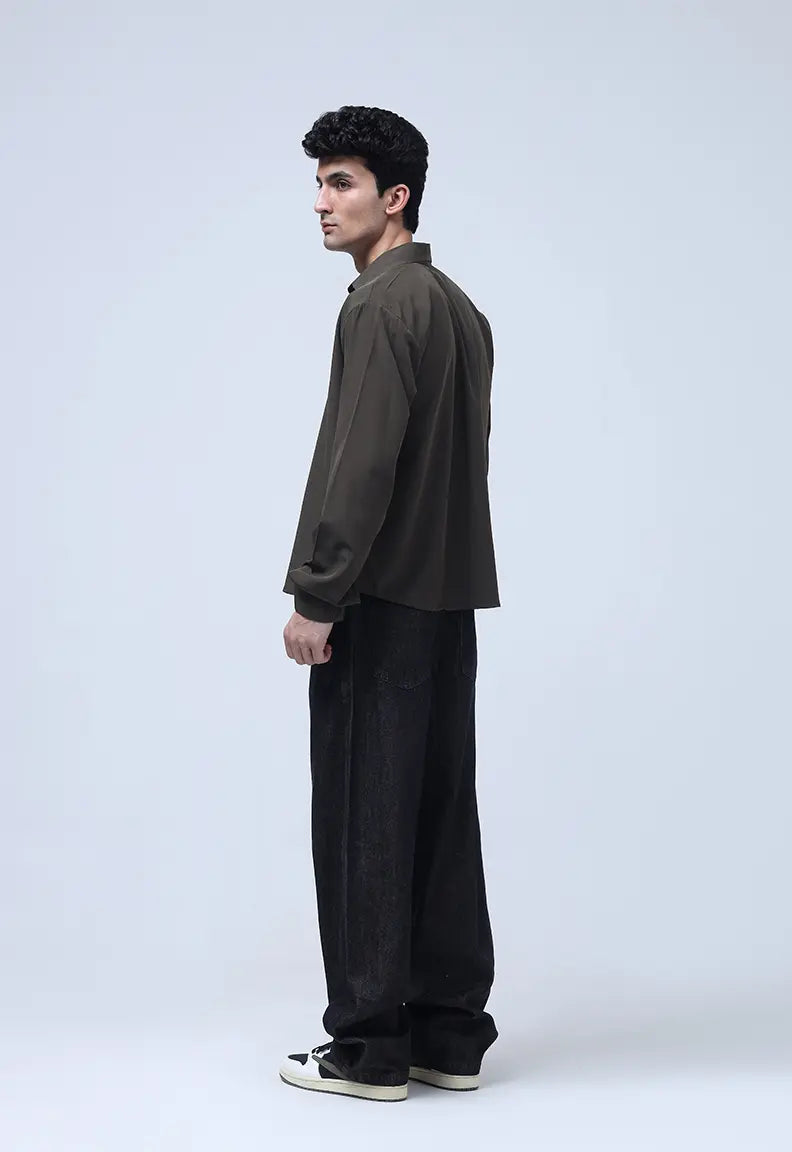 Cropped Check Shirt - Olive green