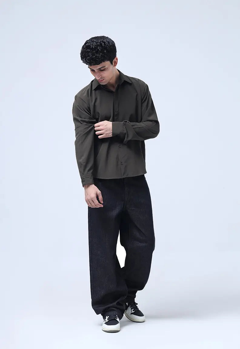 Cropped Check Shirt - Olive green