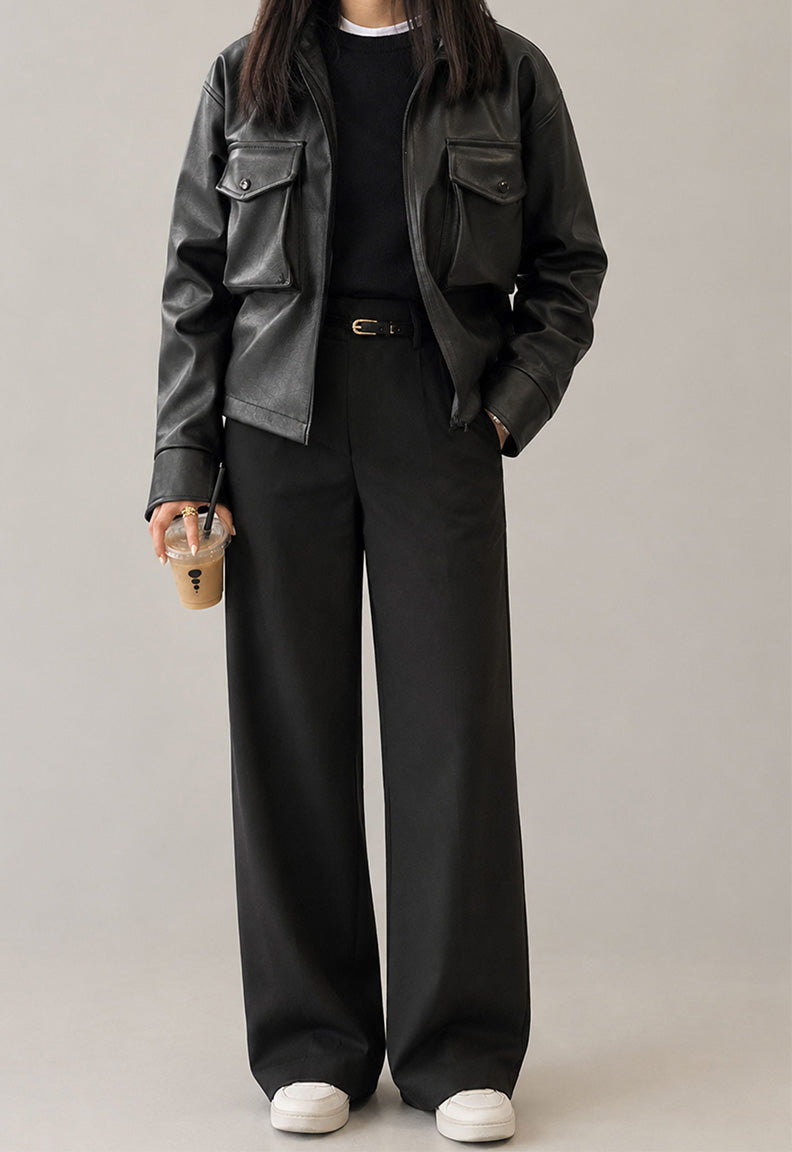 Classic Cropped Leather Jacket - Black